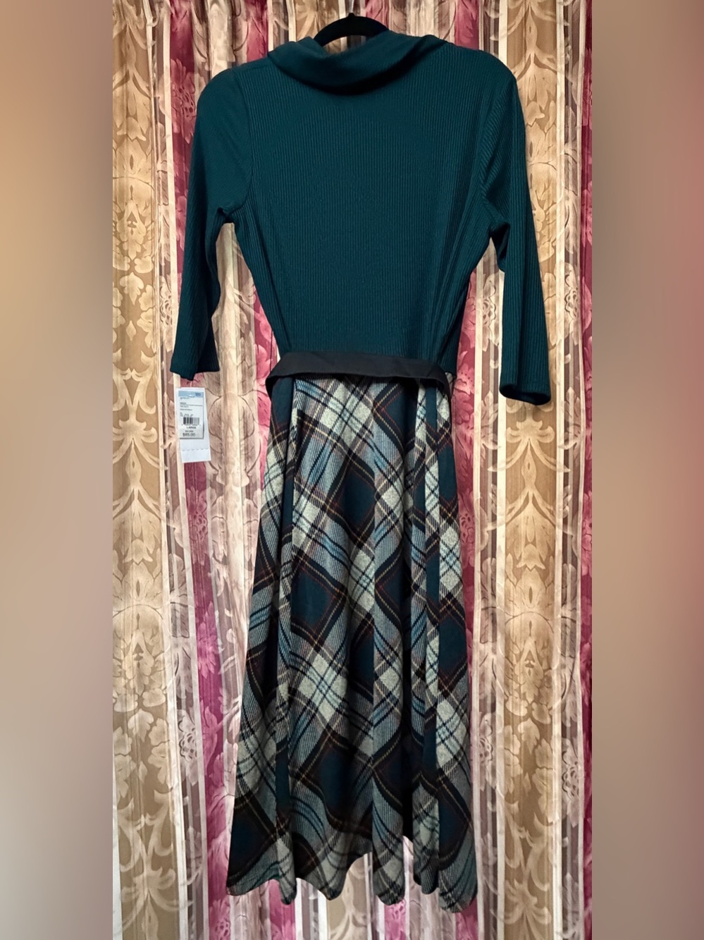 NWT Robbie Bee Teal Plaid Cowl Neck Belted Sweater Dress L